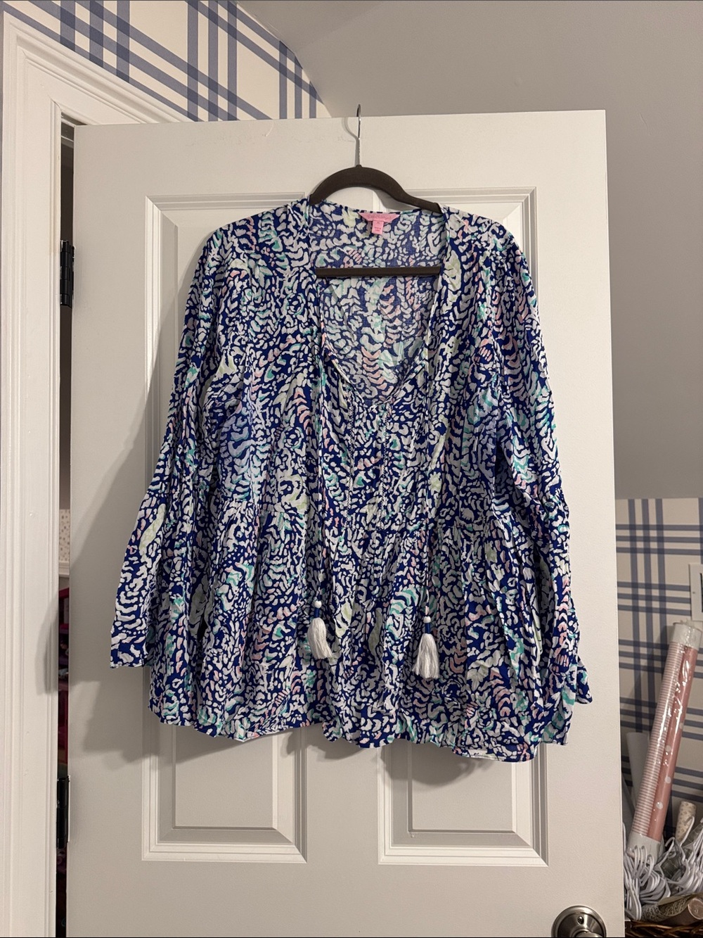 Lilly Pulitzer Woven V-Neck Tassel Tunic Blouse - Multi Blue Print